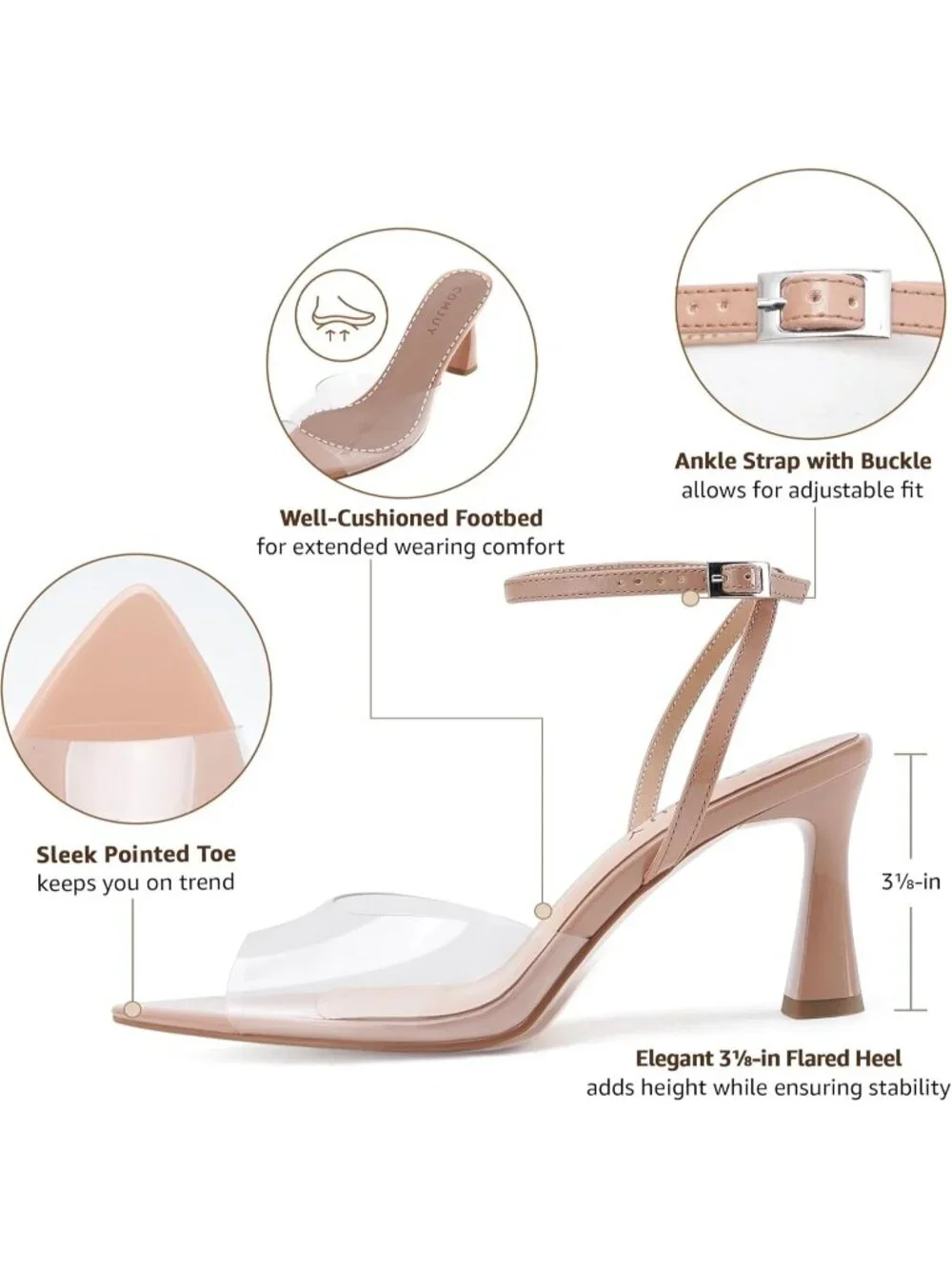Women's Clear Peep Pointed Toe Kitten Heel Leather Sandals Strappy Flared Heels